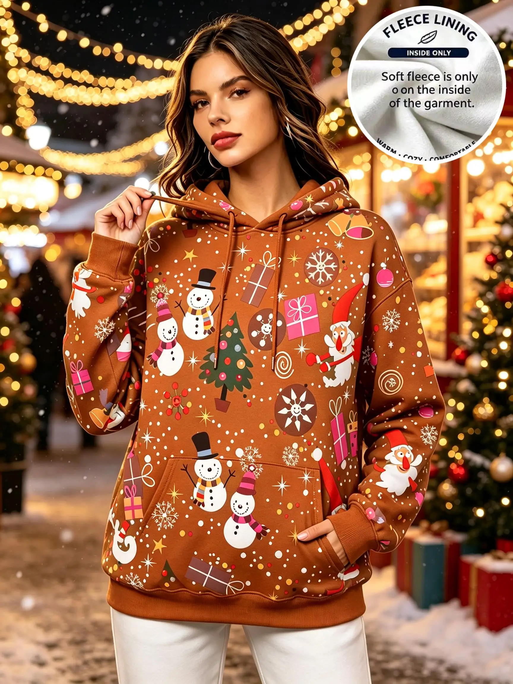 Women Christmas Allover Snowman Santa Xmas Tree Gift Snowflake Fleece Hoodie Brown Pocket Sweatshirt