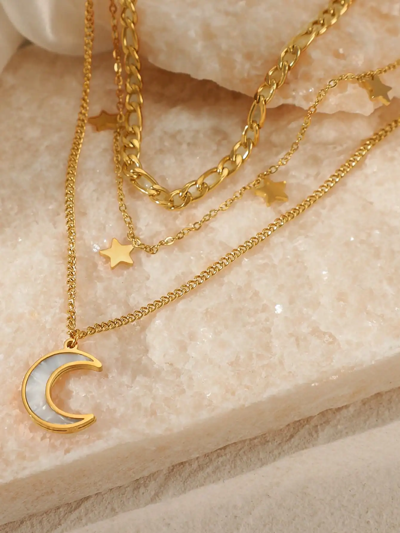 1 set of star moon inlaid shell stainless steel plated 18K real gold women\'s multi-layer necklace