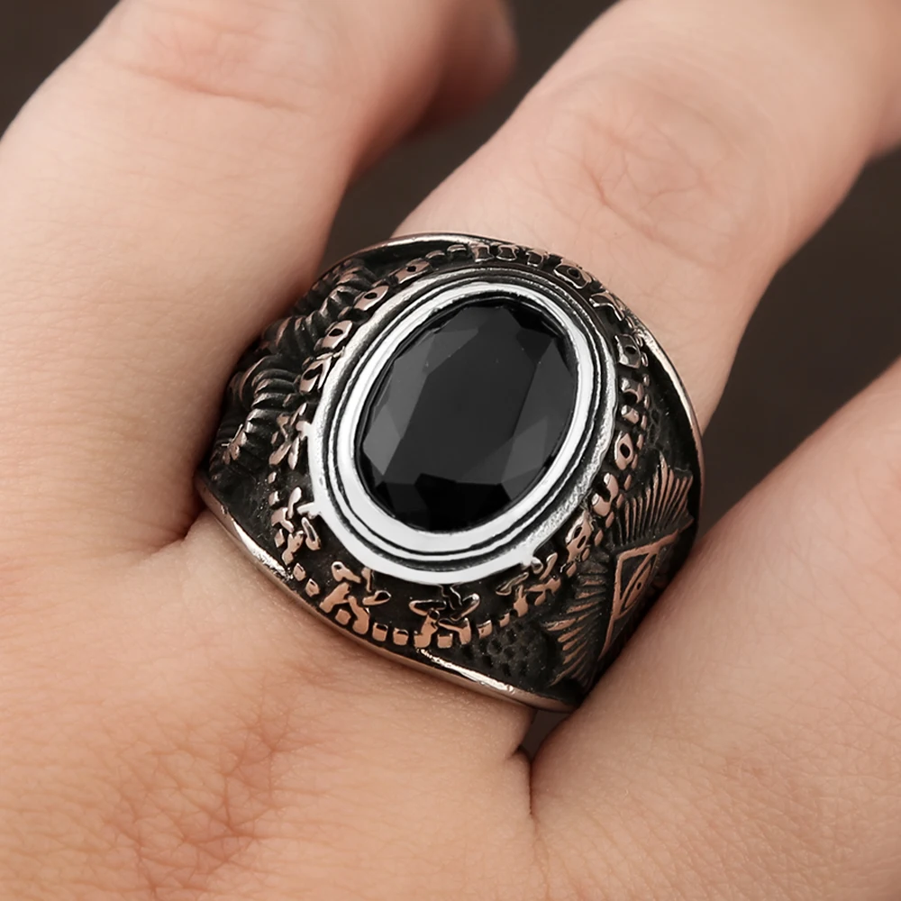 Gothic Vintage Big Black Stone Rings For Men And Women 316L Stainless Steel All Seeing Eyes Ring Baphomet Pagan Jewelry Gifts