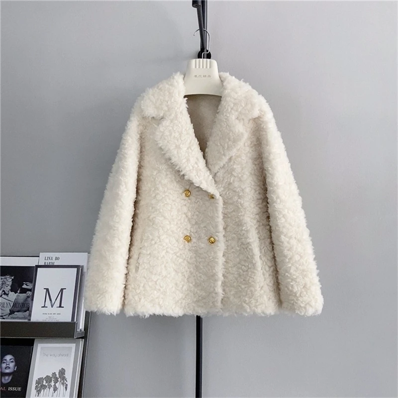 2023 Winter New Real Wool Fur Suit Collar Jacket  Lady Sheep Shearling Warm Short  Casual Coat PT487