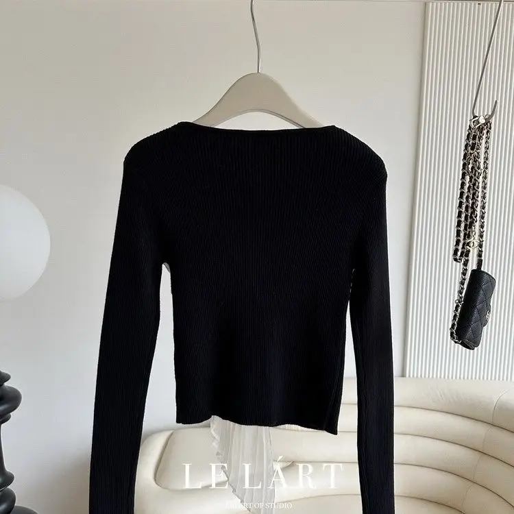 KUSAHIKI Korean Versatile Design Ribbon Bow Sweater Spliced Ribbon Elegant Knitted Pullovers for Women