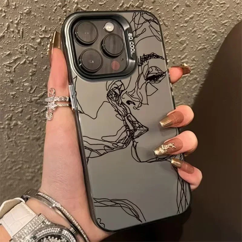 Abstract Line Face Aesthetic Matte Laser Phone Case For iPhone 16 15 14 13 12 11 Pro Max X XS XR 7 8 16 Plus SE Shockproof Cover