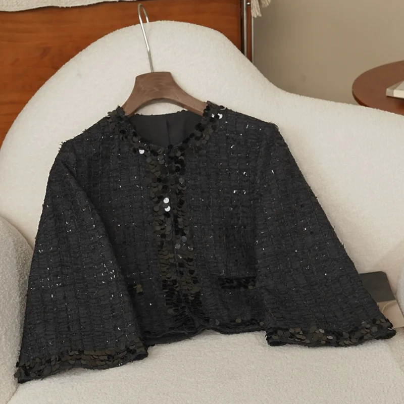 

High Quality New Black Sequins Cropped Sleeves Short Coat Women Tweed Dark Button Micro-wide Cuffs Loose Luxury Lady Coat