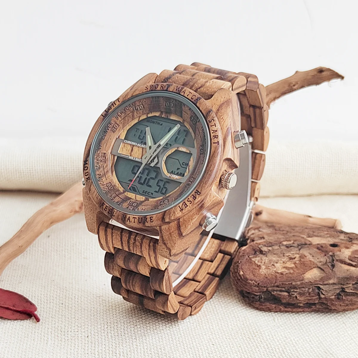 Men Watch Digital Wooden Quartz Wrist Watch Man LED Alarm Naturalism Sport Watch Male Dual Display Clock Unique Gifts for Him