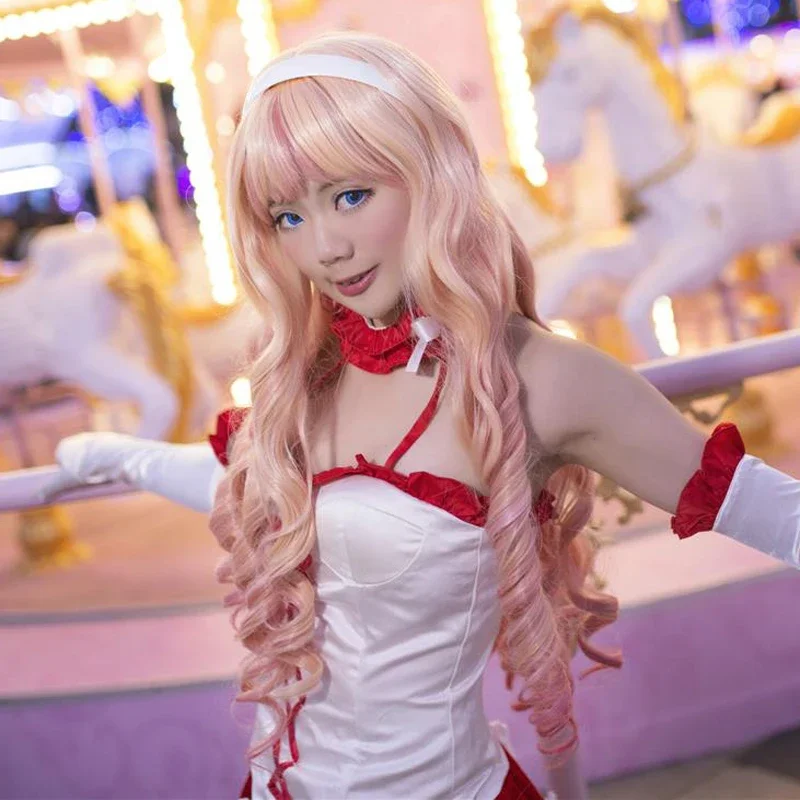 Macross F Sheryl Nome Long Wavy Light Blonde Pink Dream Ombre Heat Resistant Cosplay Costume Wig + Track + Cap