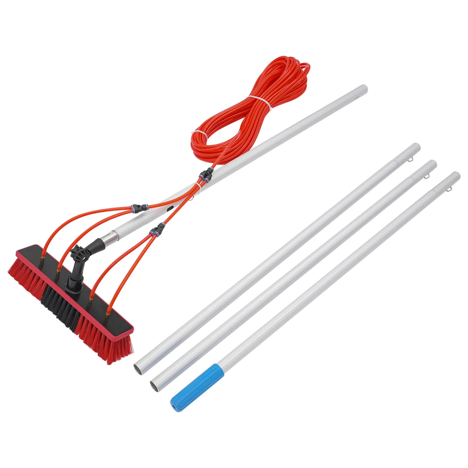Extended Reach Solar Module Cleansing Tool, Snap-on Quick Connect Poles Dual Flush Scrub Function Removable Brush Attachment Complete Assembly Accessories Balcony Deck Vehicle Washing Equipment