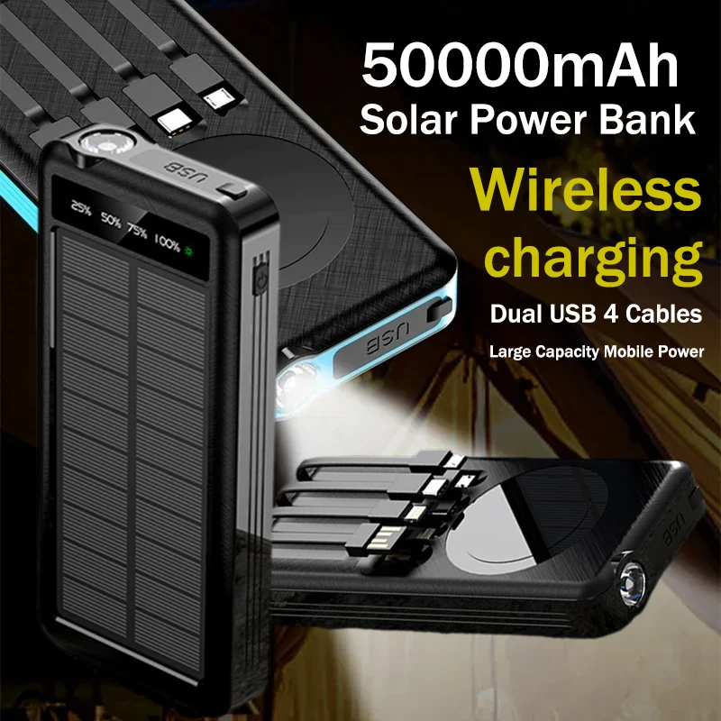 

50000 мАч Солнечная батарея Беспроводная быстрая зарядка Внешняя батарея Большая емкость Мобильное питание Встроенные кабели для IPhone Samsung