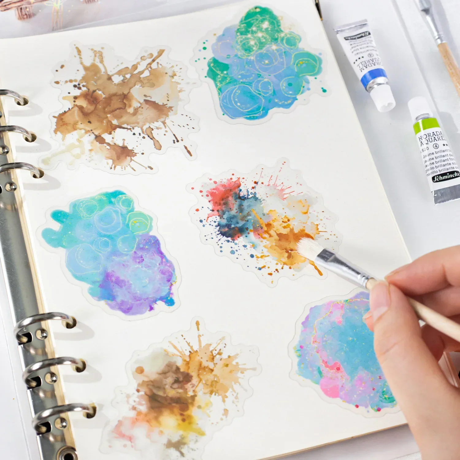 141*90mm Luxury Silver Foil PET Sticker Set 6 Gilt Watercolor Designs 15Pcs for Premium Journals Scrapbooks
