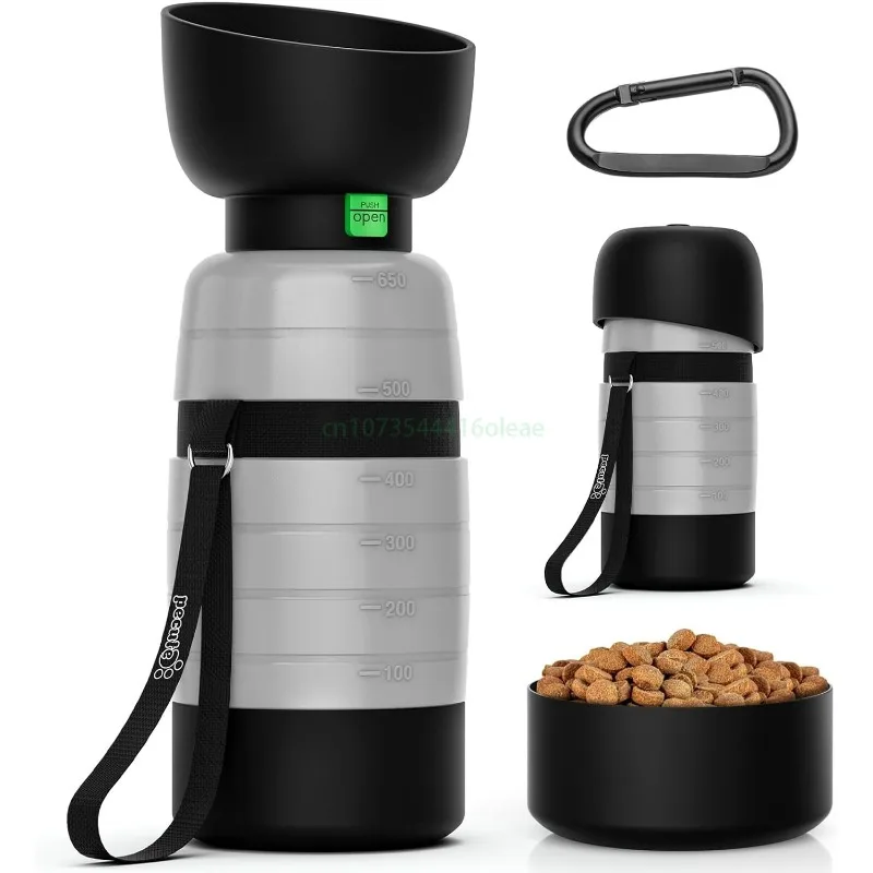 650ML Dog Water Bottle with 150ml Food Container, Dog Travel Water Bottle Dispenser, Pet Bowl for Outdoor Walking Hiking Camping