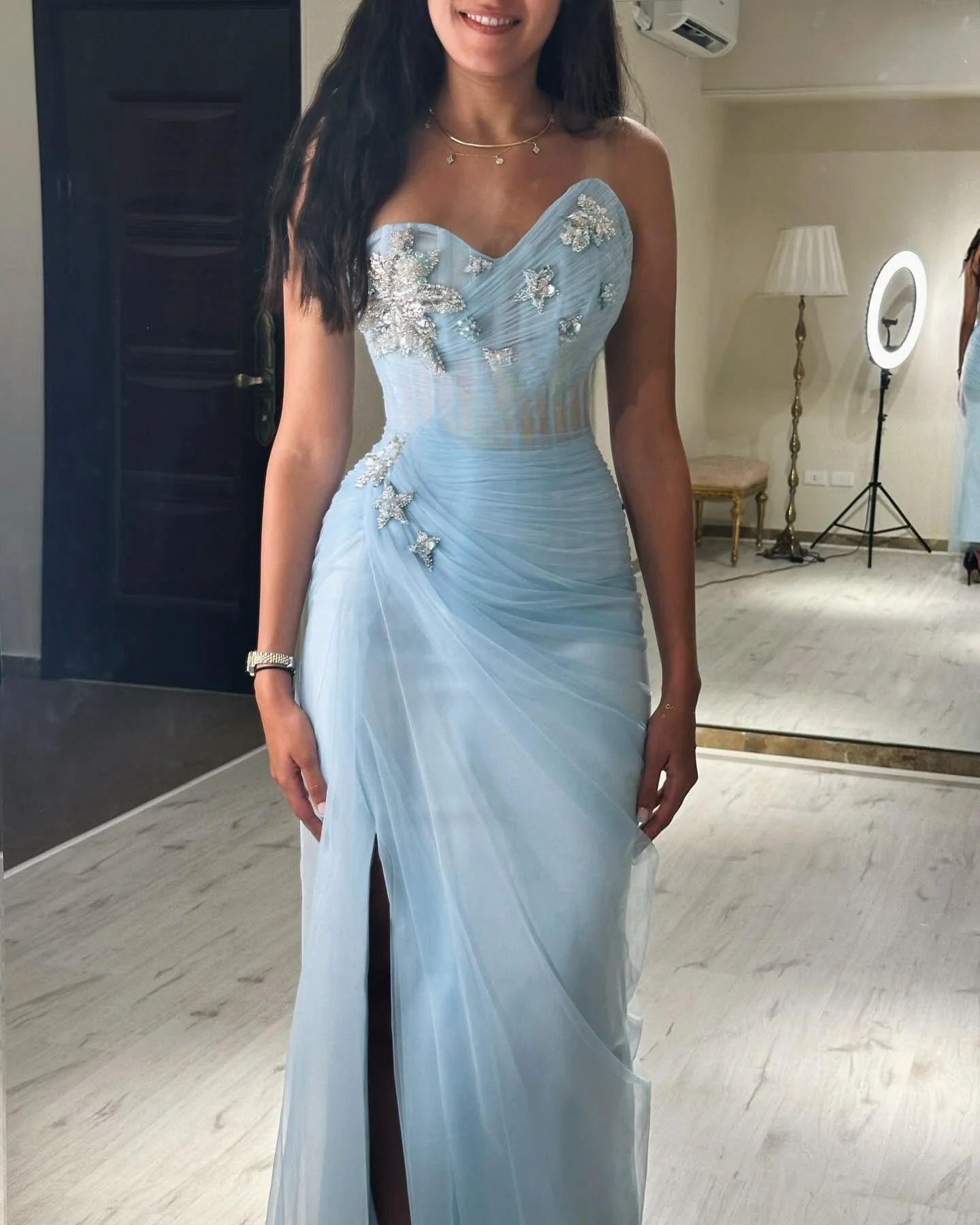 Customized Blue Tulle Crystal Prom Dresses Ankle Length for Arabic Women 2025 Sweetheart Beading Pleated Side Slit Evening Gowns