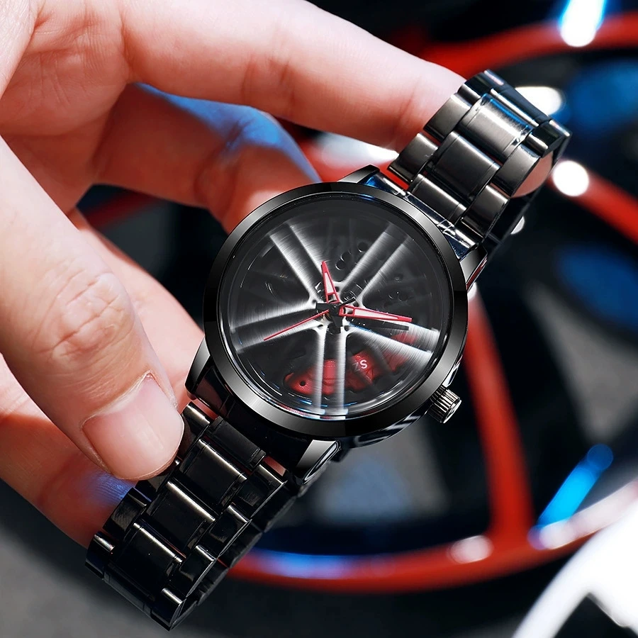 New Fashion Man Rotate Watches Men Car Wheel Hub Stainless Steel Quartz Watch For Mens Military Sports Hollow Watch Reloj Hombre