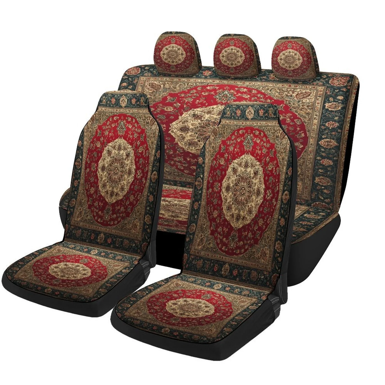 

Elegant Oriental Pattern Car Seat Cover Set - High-Quality, Machine Washable, Universal Fit For 2 Front & Rear Seats, All-Season