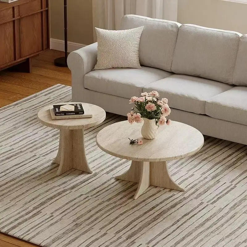 Retro natural travertine coffee table, small size living room, simple home use, small coffee table, round table combination