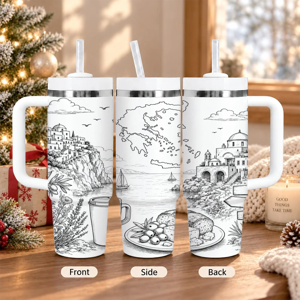 Greece Travel Map Olive Coast 40oz Tumbler with Handle Straw Stainless Steel Insulated Travel Mug Souvenir Gift Vacuum Flasks