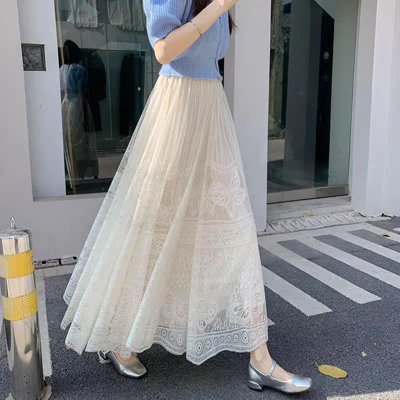 

2025 Women's Spring/Summer New Style Long Umbrella Skirt Embroidered Mesh Skirt A-line Lace Half length Skirt