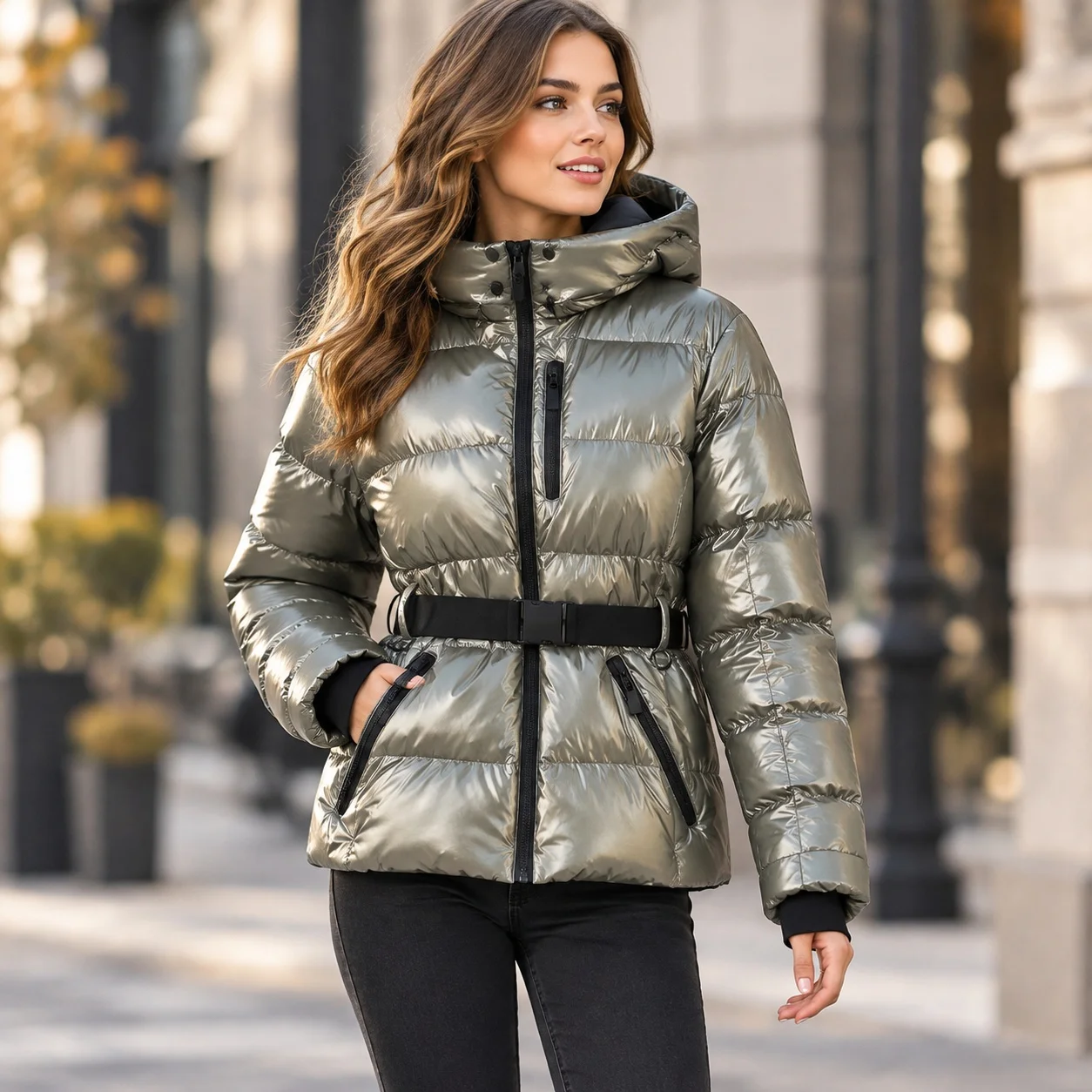 Thick Mid Length Belt Elegant Commuter with Long Sleeve Regular Fit Zipper Closure Stand Collar Belted Autumn Women Coats