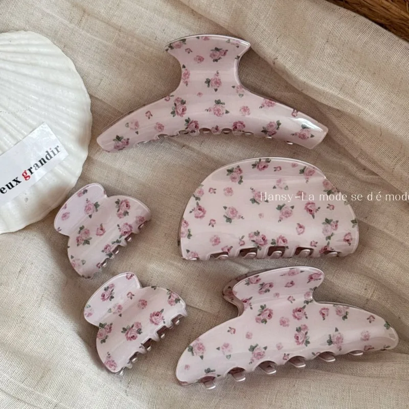 Pink Retro Rose Small Floral Hairpin Women's Premium Sense Grab Clip Disc Hair Shark Clip Spring Color Hair Accessories New