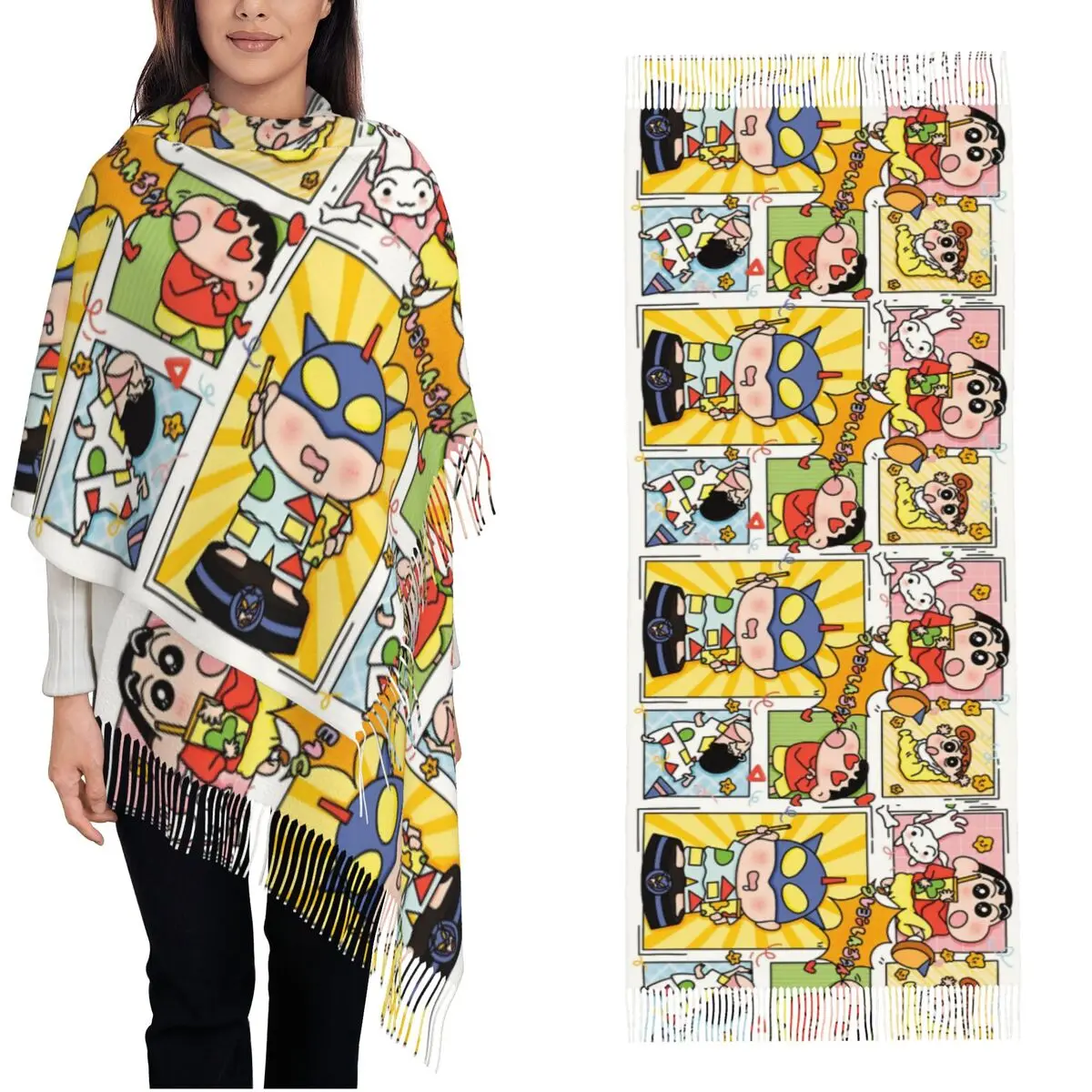 Crayon Shin-chan Cosplay Scarf Womens Winter Warm Pashmina Shawl Wrap Japanese Anime Large Scarves with Tassel for Evening Dress