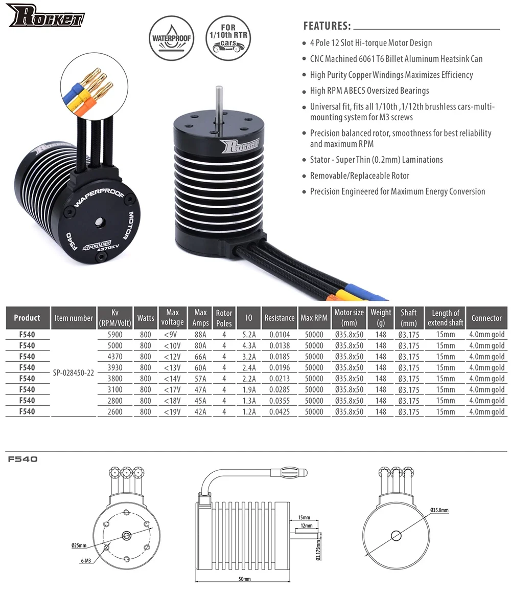 Rocket F540 3930KV 4370KV motore senza sensori senza spazzole impermeabile per 1/10 1/12 Traxxas WLtoys 10428 12428 accessori per auto RC