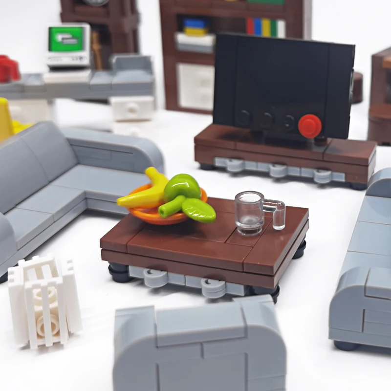 MOC-Bausteine, Möbel und Dekorationen für Wohnzimmer und Schlafzimmer – Bett, Bücherregal, Sofa, Computertisch, kleine Pflanzgefäße, Spielzeugmodelle. – Detail 3