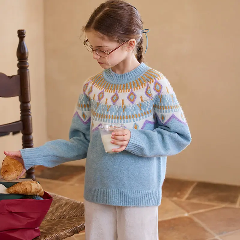 UNITIM Autumn Junior Girls Jacquard Sweater Children Girls Vintage Nordic Knitted Pullover Kids Girl Mock Neck Fair Isle Sweater