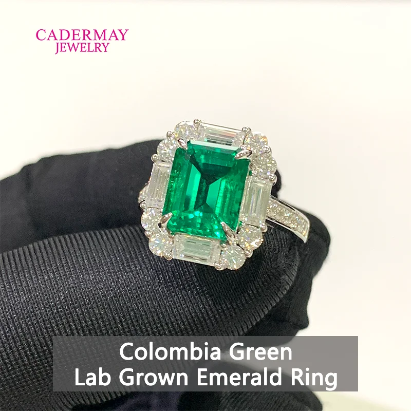 High Quality Lab Emerald Ring Women 925 Silver 8x10mm Emerald Cut Lab Grown Emerald Engagement Wedding Halo Rings Pave for Women