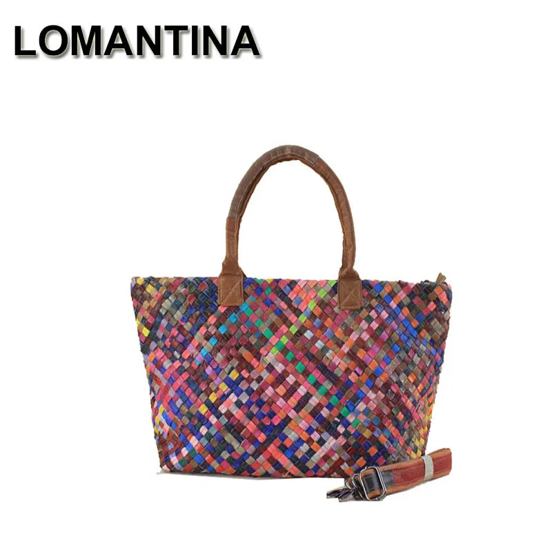 

Lomantina Top Quality Real Leather Fashion Colorful Random Knitting Shoulder Tote Bag Patchwork Geometric Female Purse Handbags