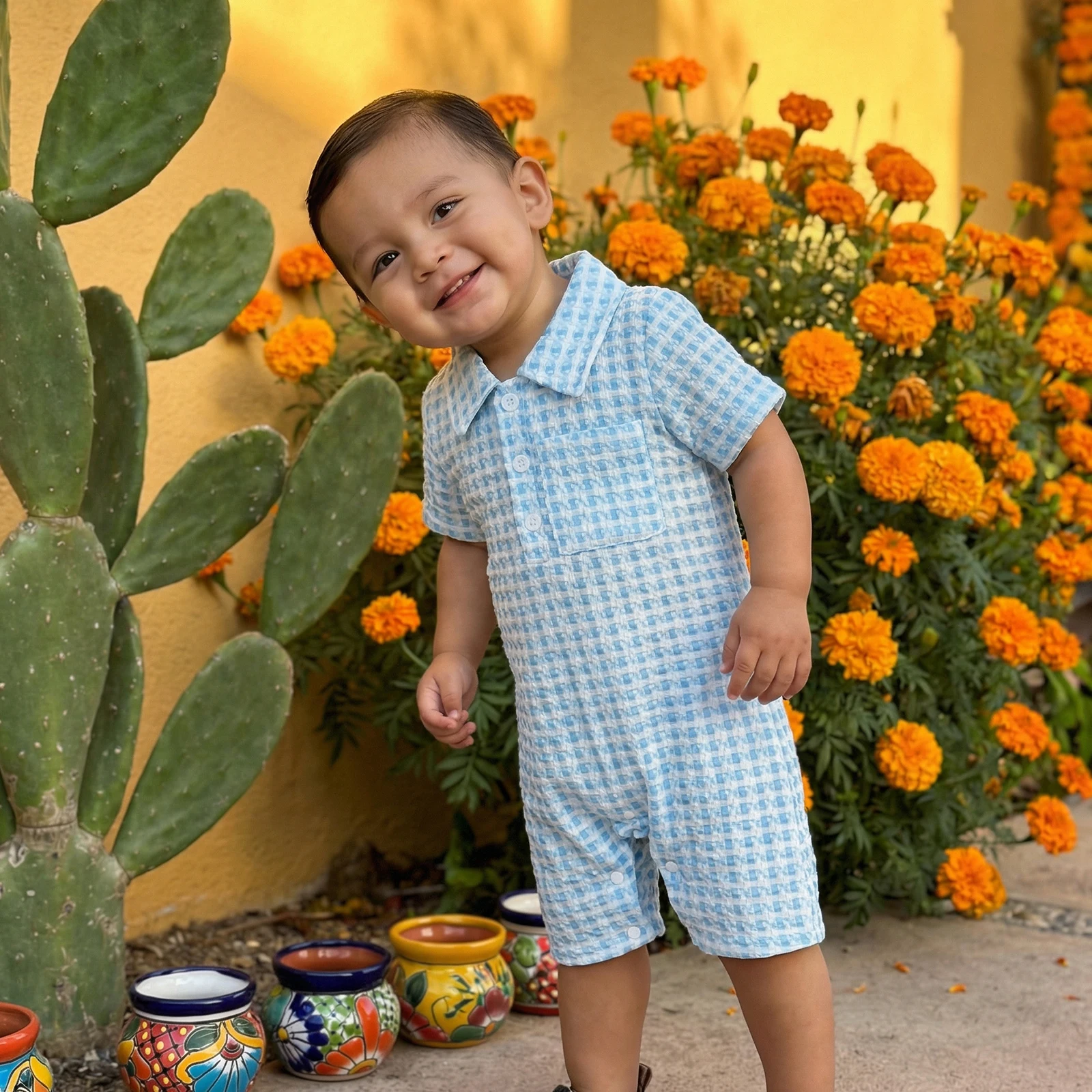 

Комбинезон в клетку для новорожденных мальчиков Tregren 0-18 месяцев, комбинезон с короткими рукавами и воротником, повседневная летняя одежда