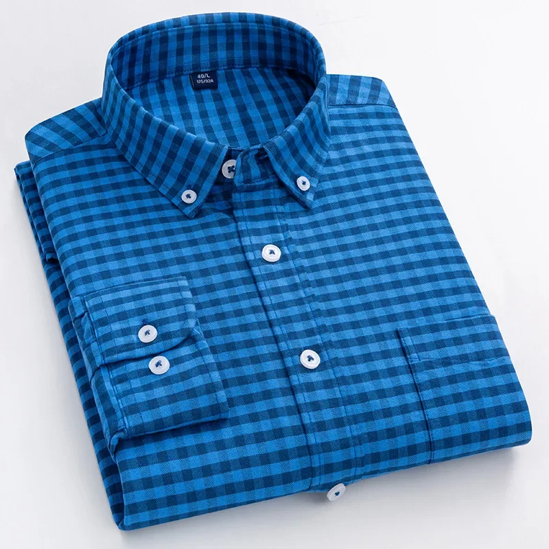 

New Cotton Men Oxford Shirts Long Sleeve Casual Plaid Soft Regular Fit Formal Dress Shirt Social Blouse Male Clothes