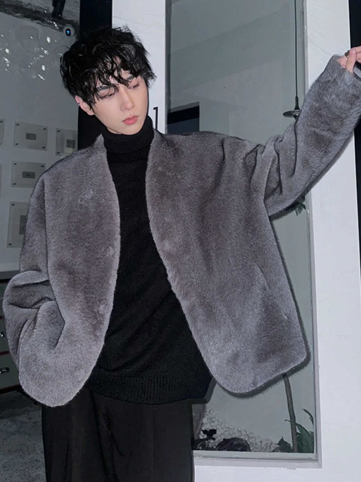

Men's Casual Faionable V-Ne Coat Real Rabbit Fur Leather Inteated Design Spring Autumn Winter Season Outerwear