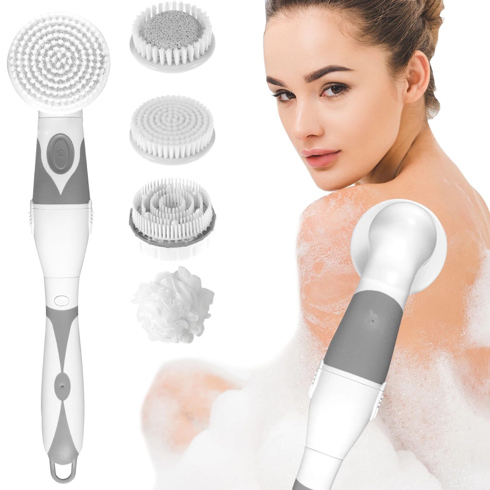 4 In 1 Electric Body Brush Long Handle Exfoliating Scrubber IPX6 Waterproof Massaging Cleaning Brush with 4 Replacement Heads