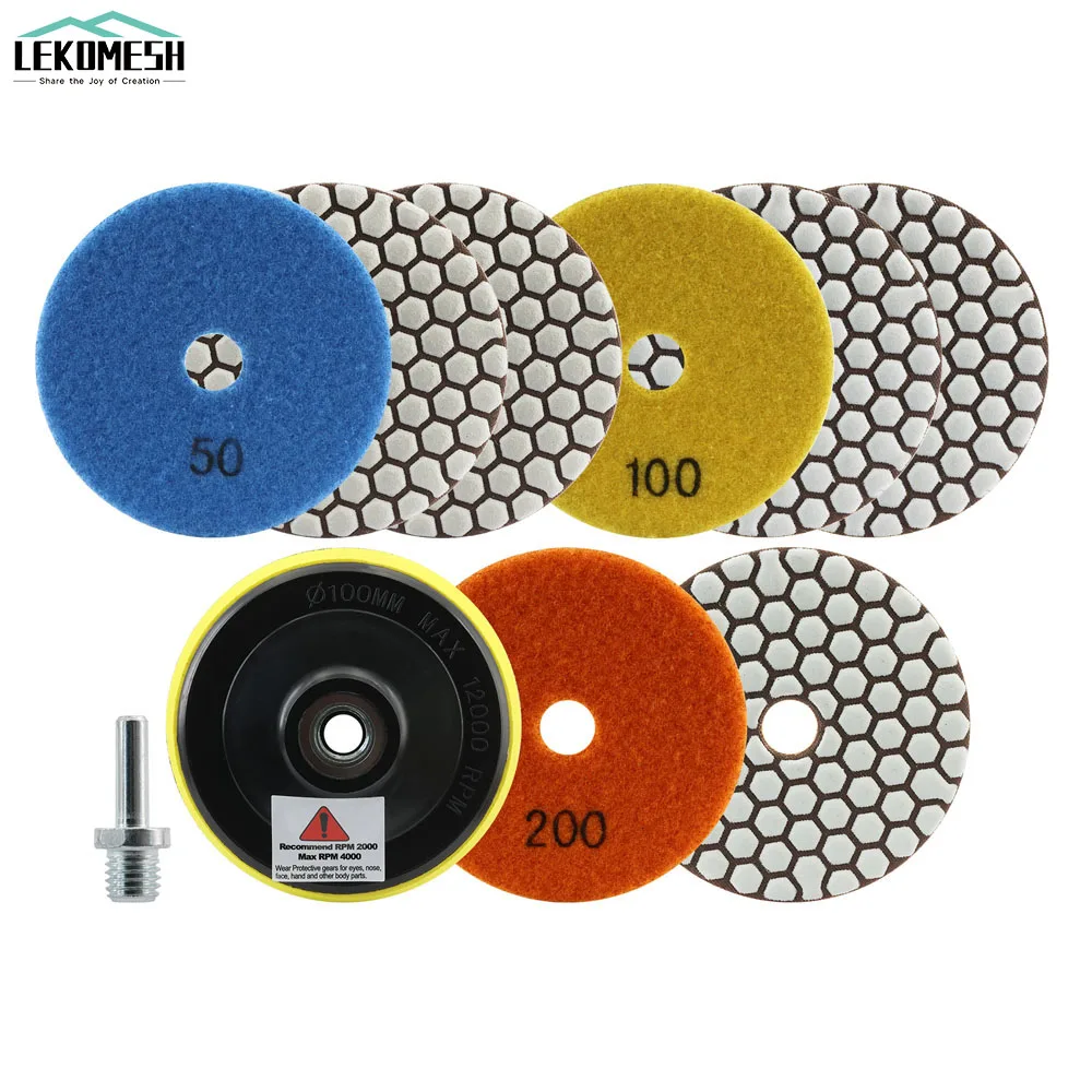 LEKOMESH 100mm Diamond Dry Polishing Pads Set + M14 Rubber Backer+M14 Adapter Granite Marble Stone Angle Grinder Sanding Disc