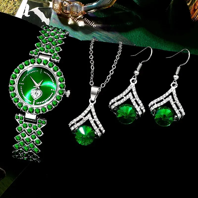 Women Green Watch Ring Necklace Earrings Bracelet Set Diamond Fashion Wristwatch Female Casual Ladies Quartz Watches Jewelry Set