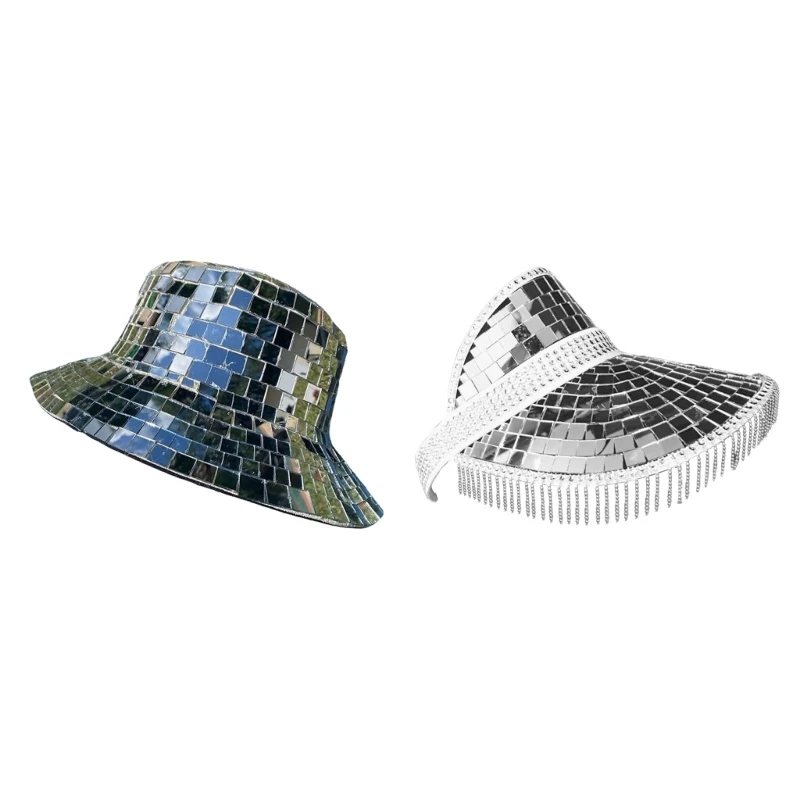 Glitter Mirror Disco Bucket Hat Stunning Disco Ball Hats for DJ Sequins Bucket Hat for Club Stage Bar Party Dance