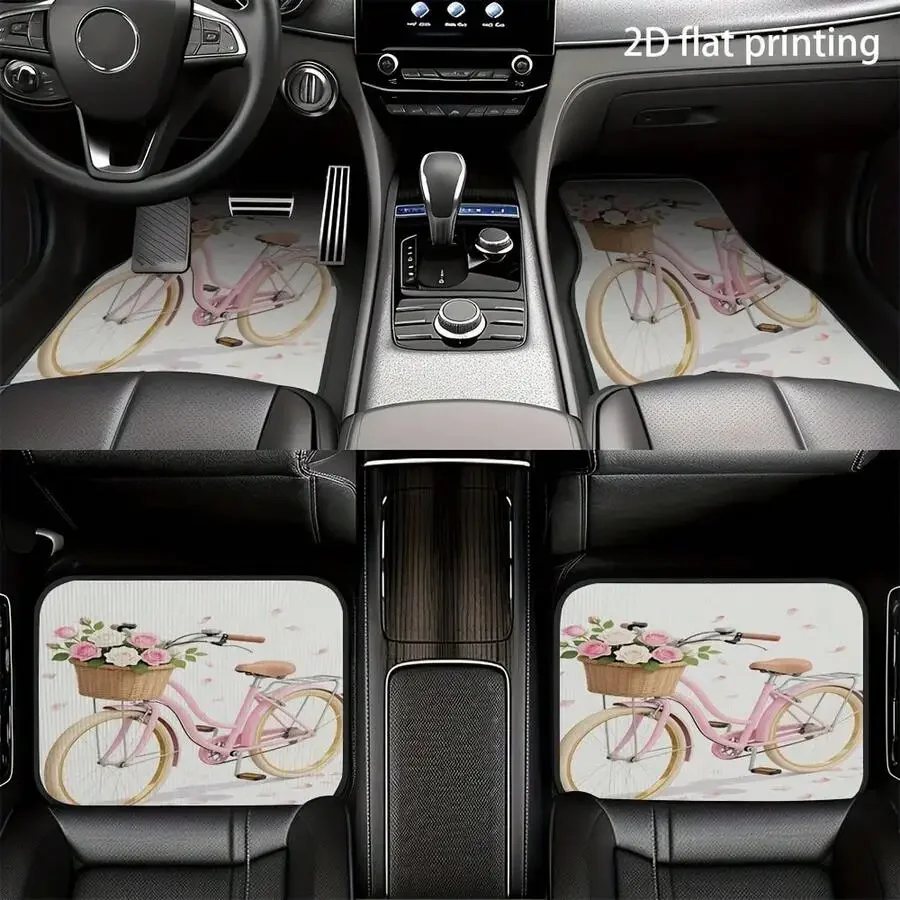 4pcs Car Floor Mats, Pink Rose Basket Bicycle Pattern, Universal Car Floor Mats, Suitable For All Seasons, Suitable For Front