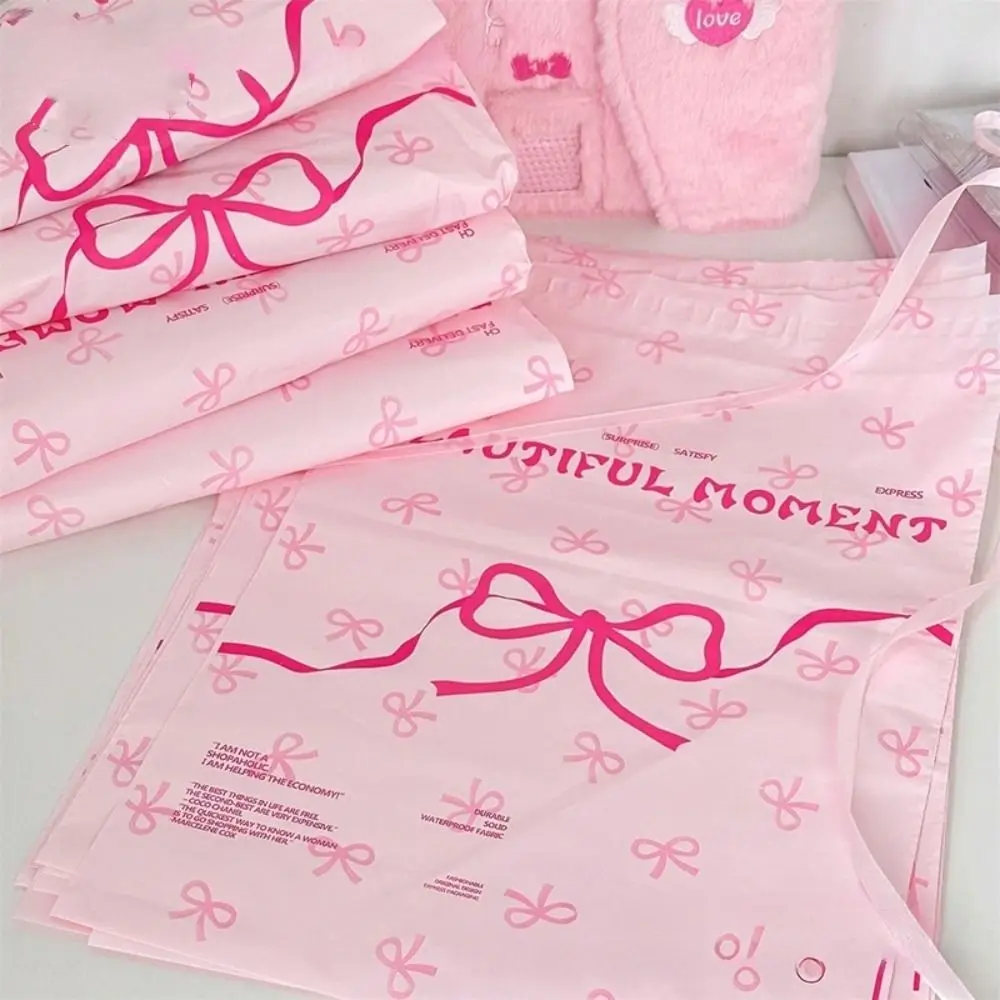 10pcs Ins Pink Bow Pattern Express Bags Plastic Waterproof Button Printing Envelopes Gift small card packaging bag