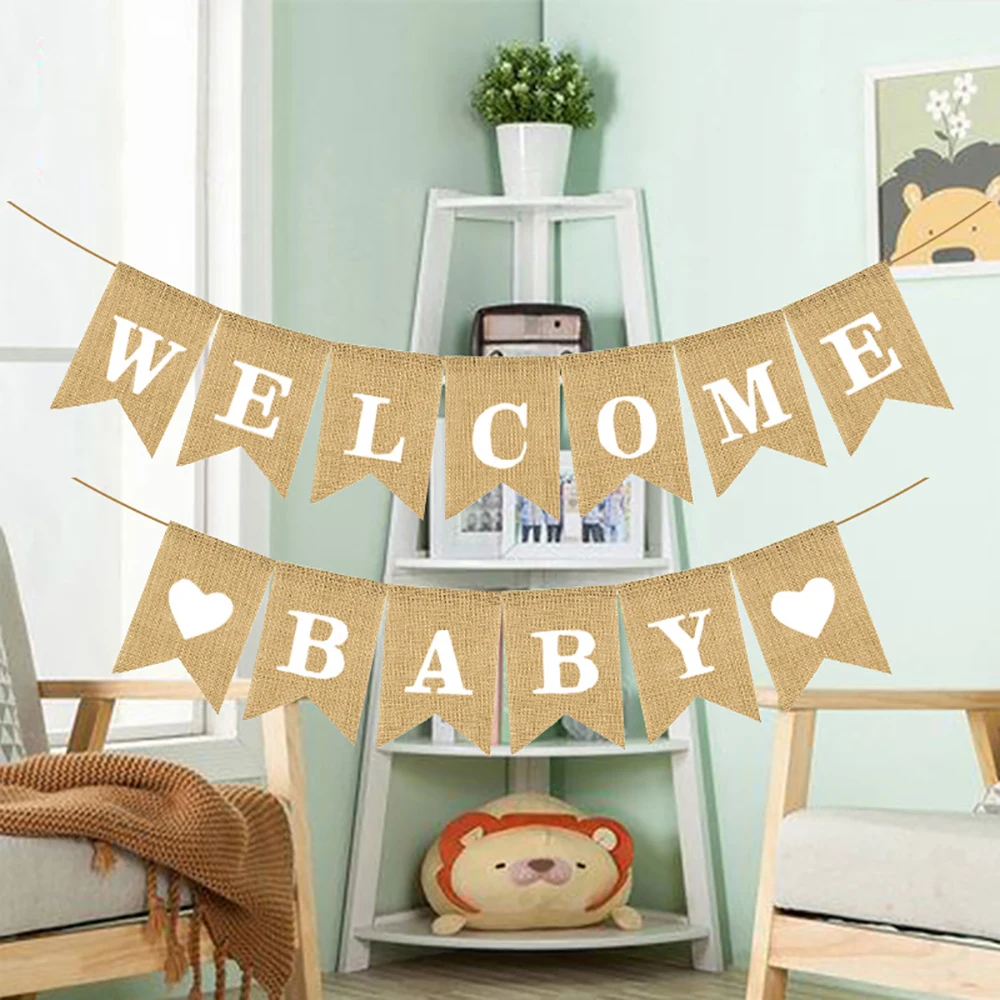 1set Baby Shower Party Pull Flag, Rustic Welcome Baby Burlap Banner For Birthday Party