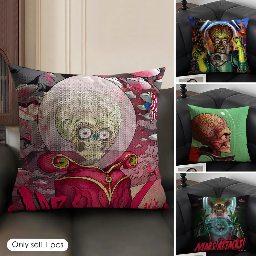 Mars Attacks Cushion Cover Natural Linen Organic Fabric Double-Sided Printing Breathable Perfect Gift For Decor