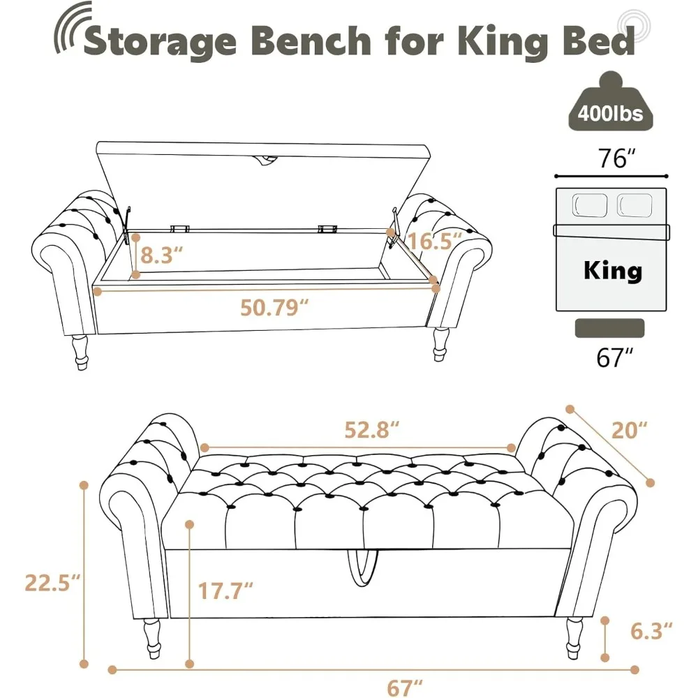 مقعد تخزين منجد بحجم كينج بأذرع، مسند معنقدة لنهاية غرفة النوم، أثاث غرفة نوم كبيرة مع مساحة تخزين