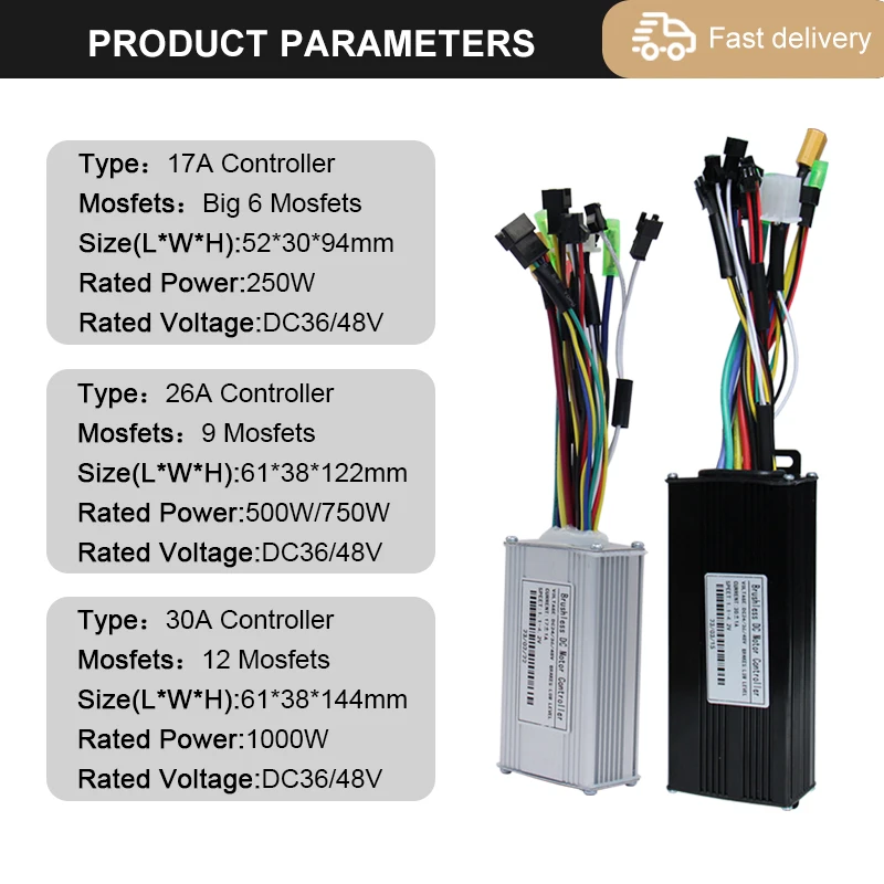 3-mode Sine Wave Ebike Controller 36V48V 17A/26A/30A/40A 250W-2000W Electric Bicycle Brushless Controller