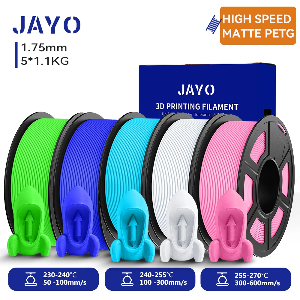 JAYO Hoge snelheid mat PETG 3D-filament 1,75 mm 30 mm/s - 600 mm/s Printbereik High Flow Snelle PETG 3D-printerfilament voor 3D