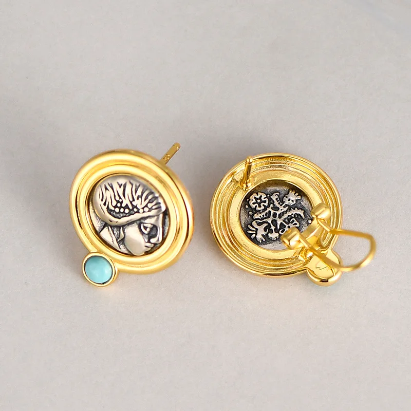 S925 Sterling Silver Charms Clips Earrings for Women New Fashion Goddess Emboss Ancient Coins Ear-clips Jewelry