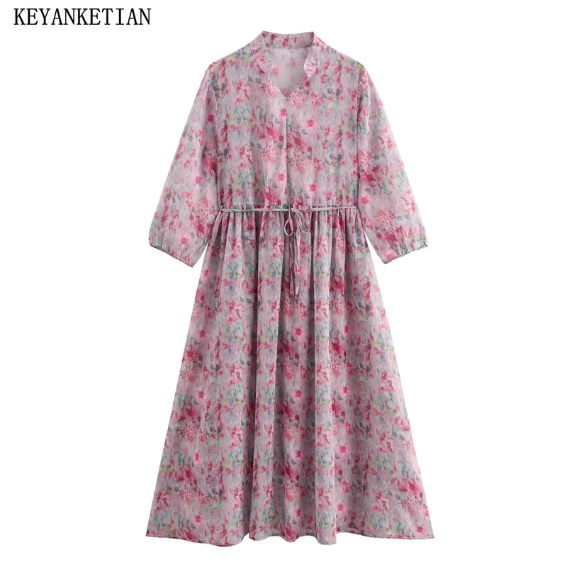 

KEYANKETIAN 2024 New Launch Pastoral style Flower Print Romantic MIDI Dress Women's Slim Waist Half Sleeve Chiffon Floral Dress