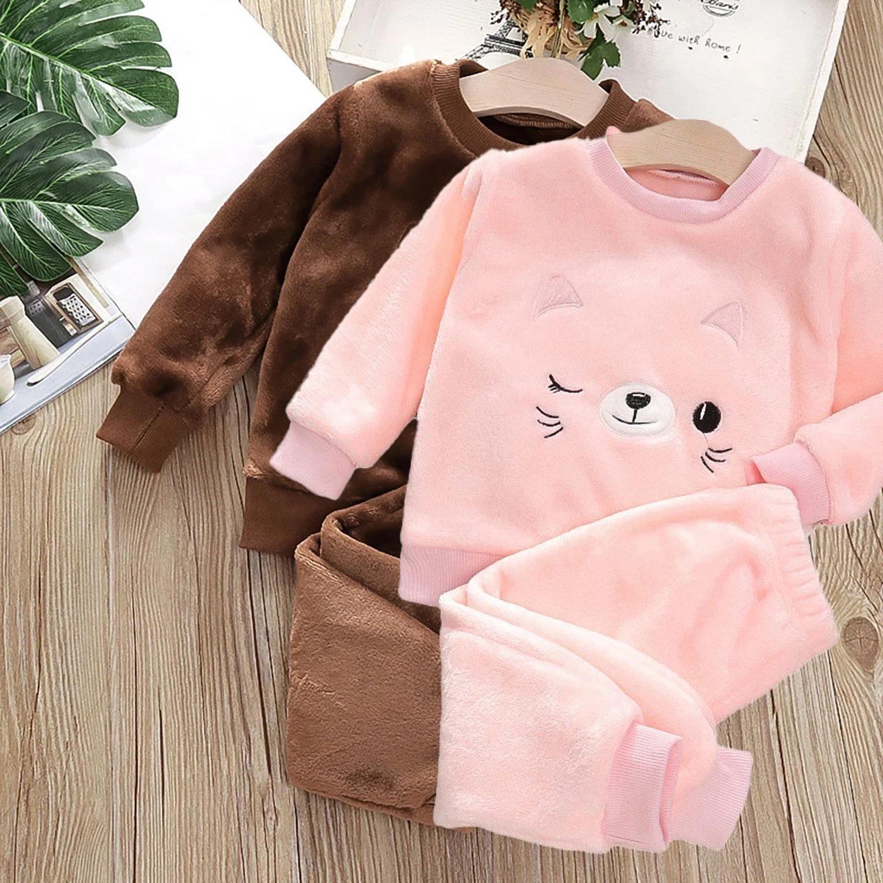 Thick Warm Plush Pajama Set Winter Kids Home Clothes Cute Dinosaur Flannel Pullover 1-6Year Children Round Neck Tops Long Pants