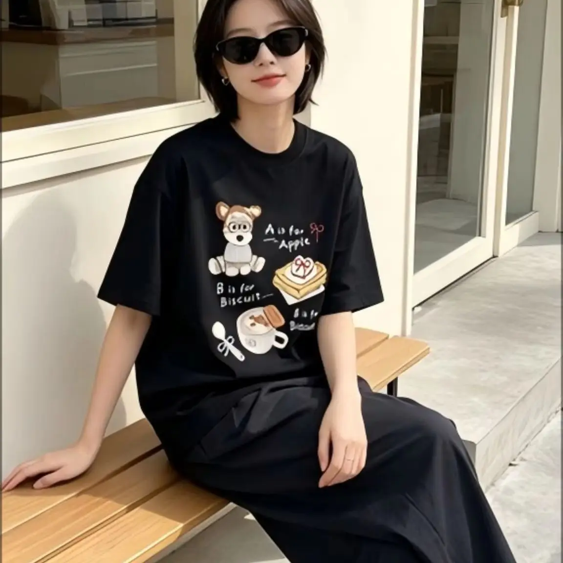 Cute Cartoon Puppy Dessert Graphic T-Shirt, Letter Print Crew Neck Tee, Sweet Aesthetic Loose Casual Short Sleeve Top