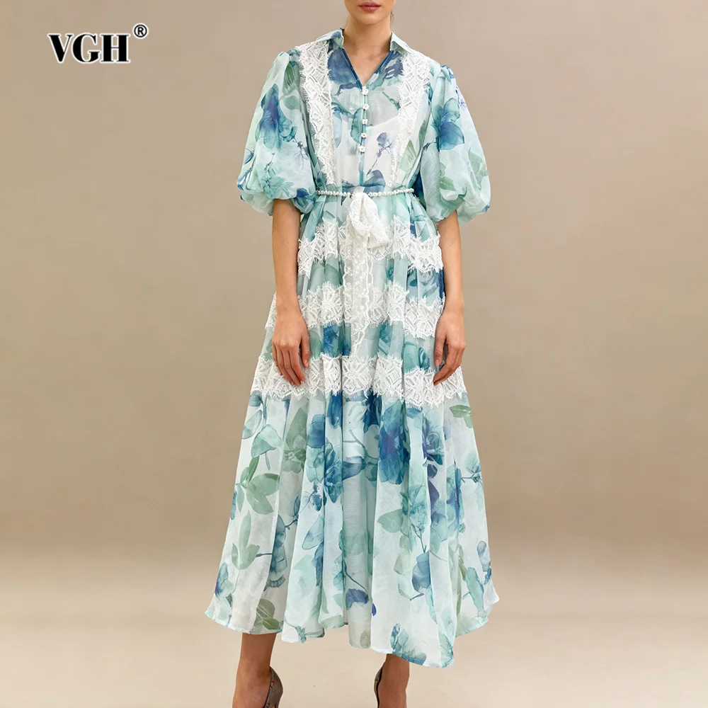 VGH Abito casual con stampa a catena di perle impiombate per donna Risvolto Manica lunga Manica a sbuffo Vita alta Abiti in maglia trasparente di pizzo Donna Nuovo