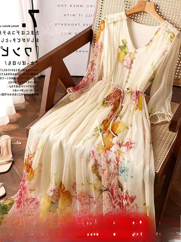 

Новое летнее элегантное милое платье с цветочным принтом, изысканное романтическое французское платье с фрагментарным цветком, элегантное утягивающее платье с v-образным вырезом, Fashionm353