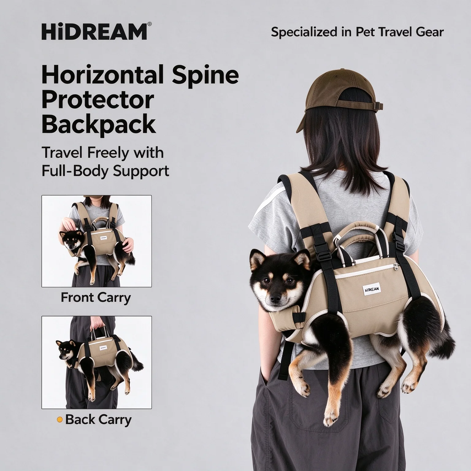 Dog Carrier Backpack Horizontal Spine Protection Breathable Full Body Wrap Head Support Adjustable for Small Medium Large Dogs