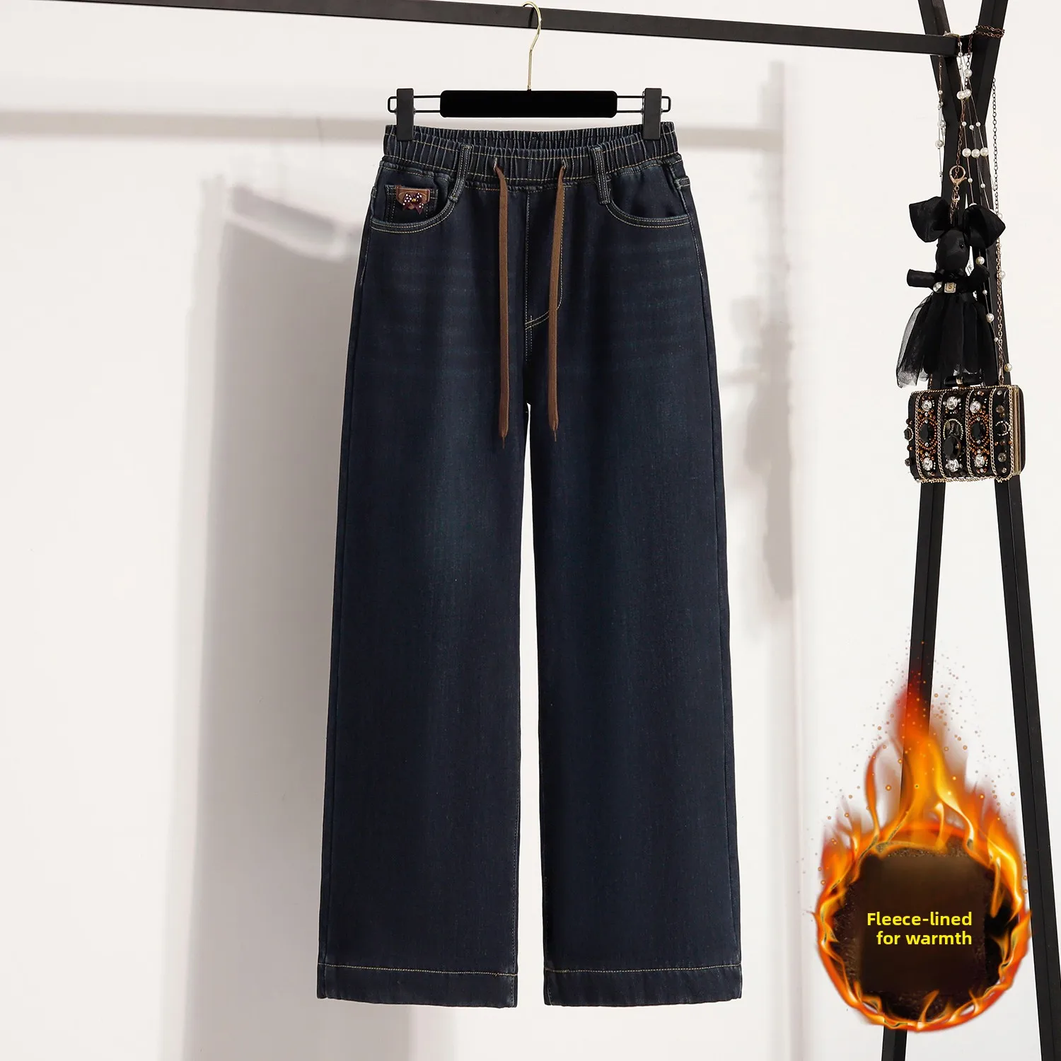 

plus Size Women's Autumn Winter Thickened Fleece Lined Elastic Waist Jeans Wide Leg Straight Leg Pants Long Trousers