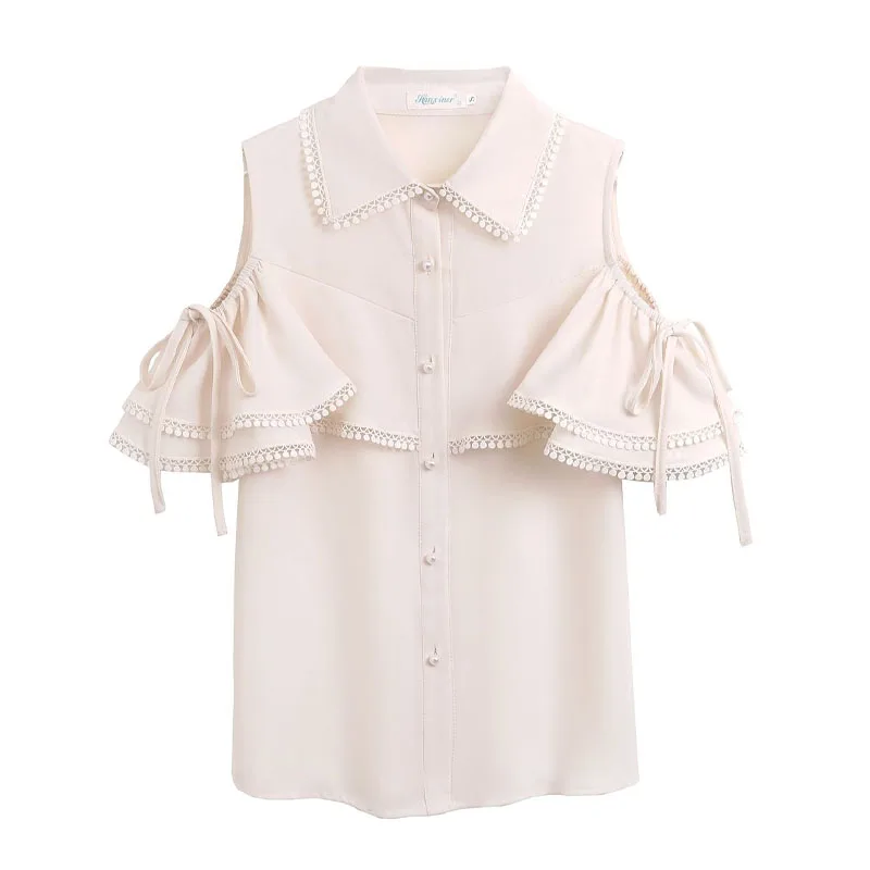 Blusa sencilla con hombros descubiertos para mujer, Camisa de gasa de manga acampanada empalmada coreana, Color sólido, Verano